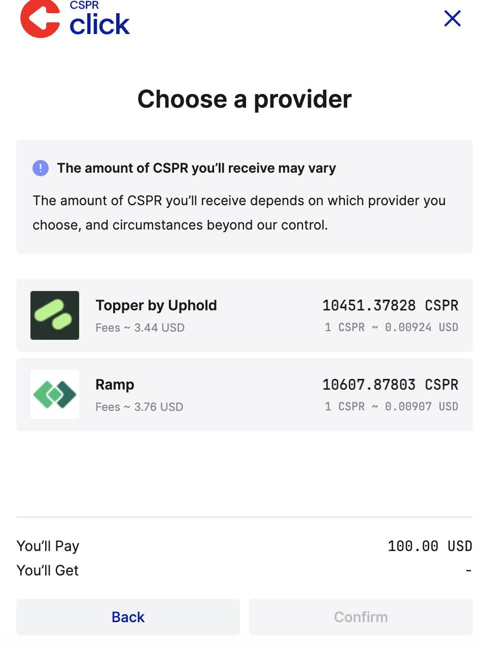 CSPR.live select onramp provider screen