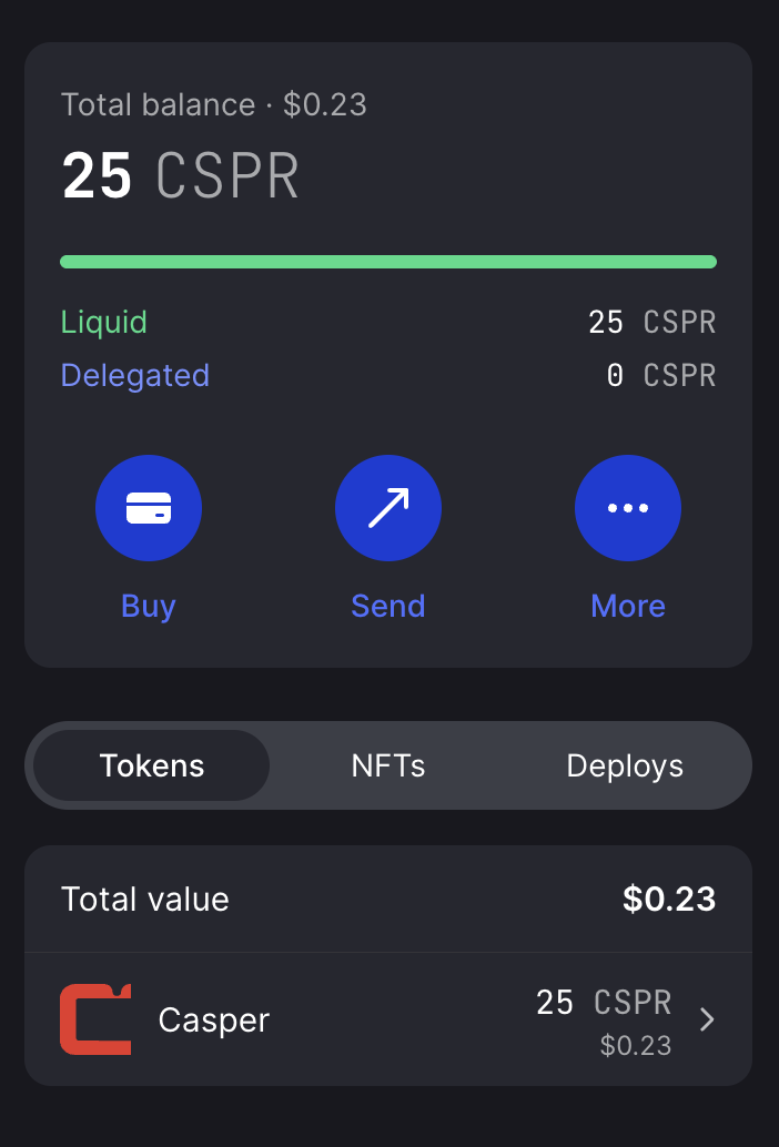 Casper Wallet main screen after login