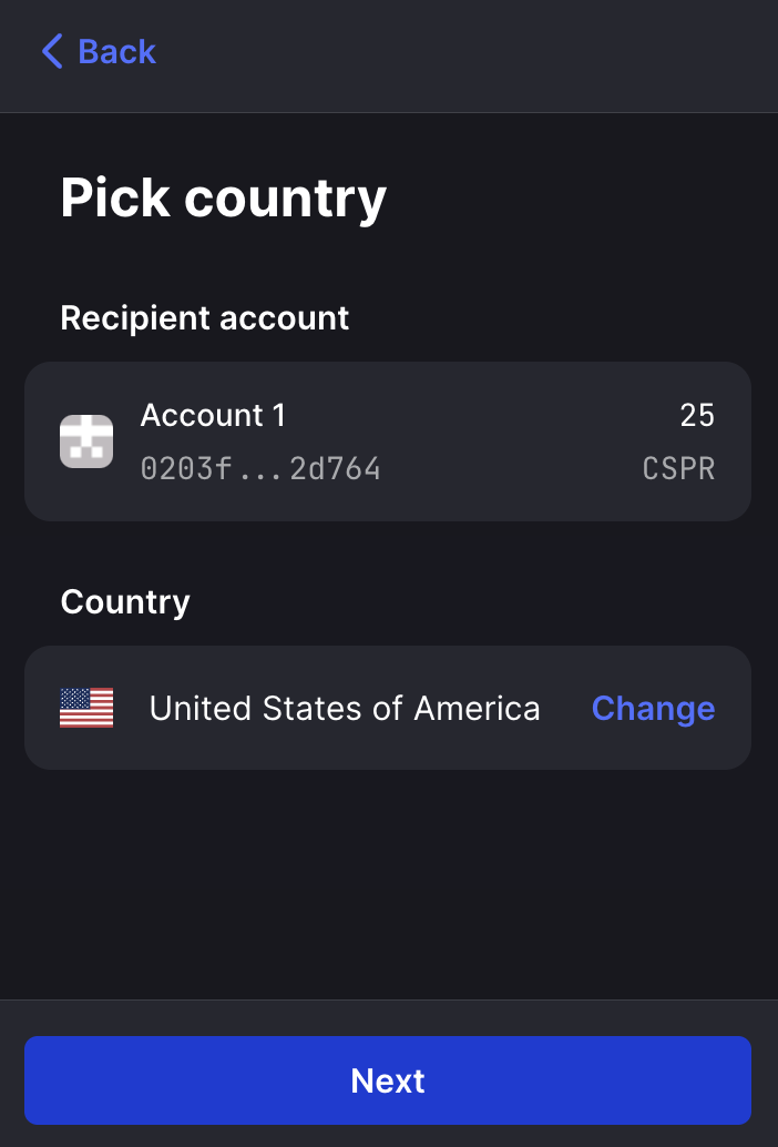 Casper Wallet Pick Country screen