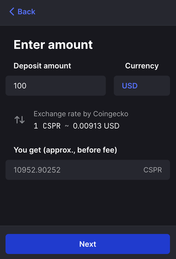 Casper Wallet Enter Amount screen