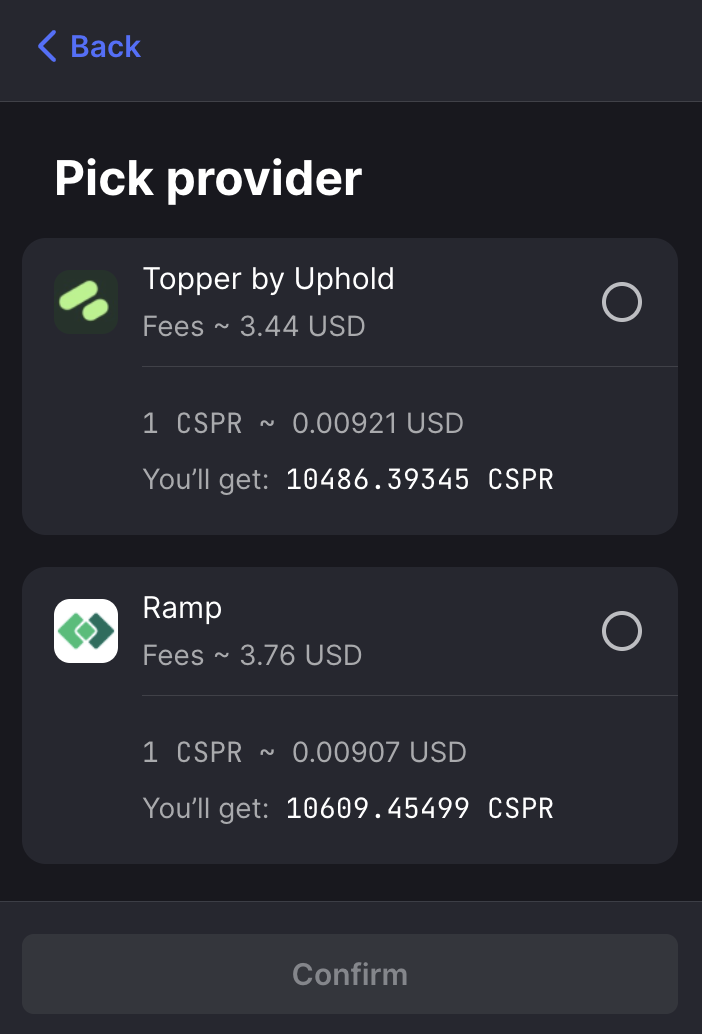 Casper Wallet Pick Onramp Provider screen