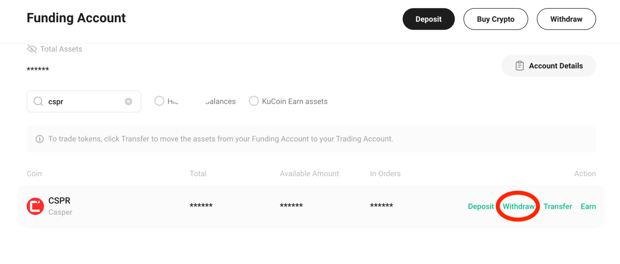 KuCoin Funding Account Withdraw CSPR option