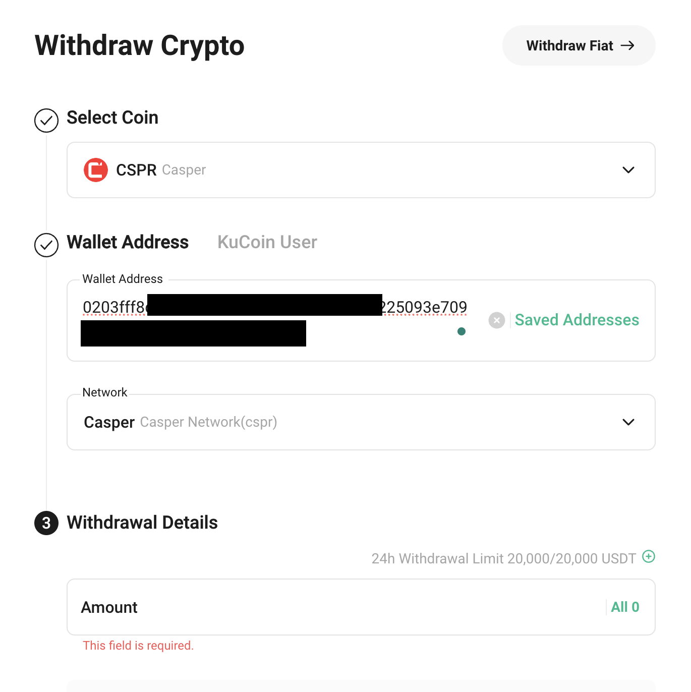 KuCoin Withdraw Crypto screen for CSPR