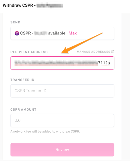 Withdrawal fields on Coinlist