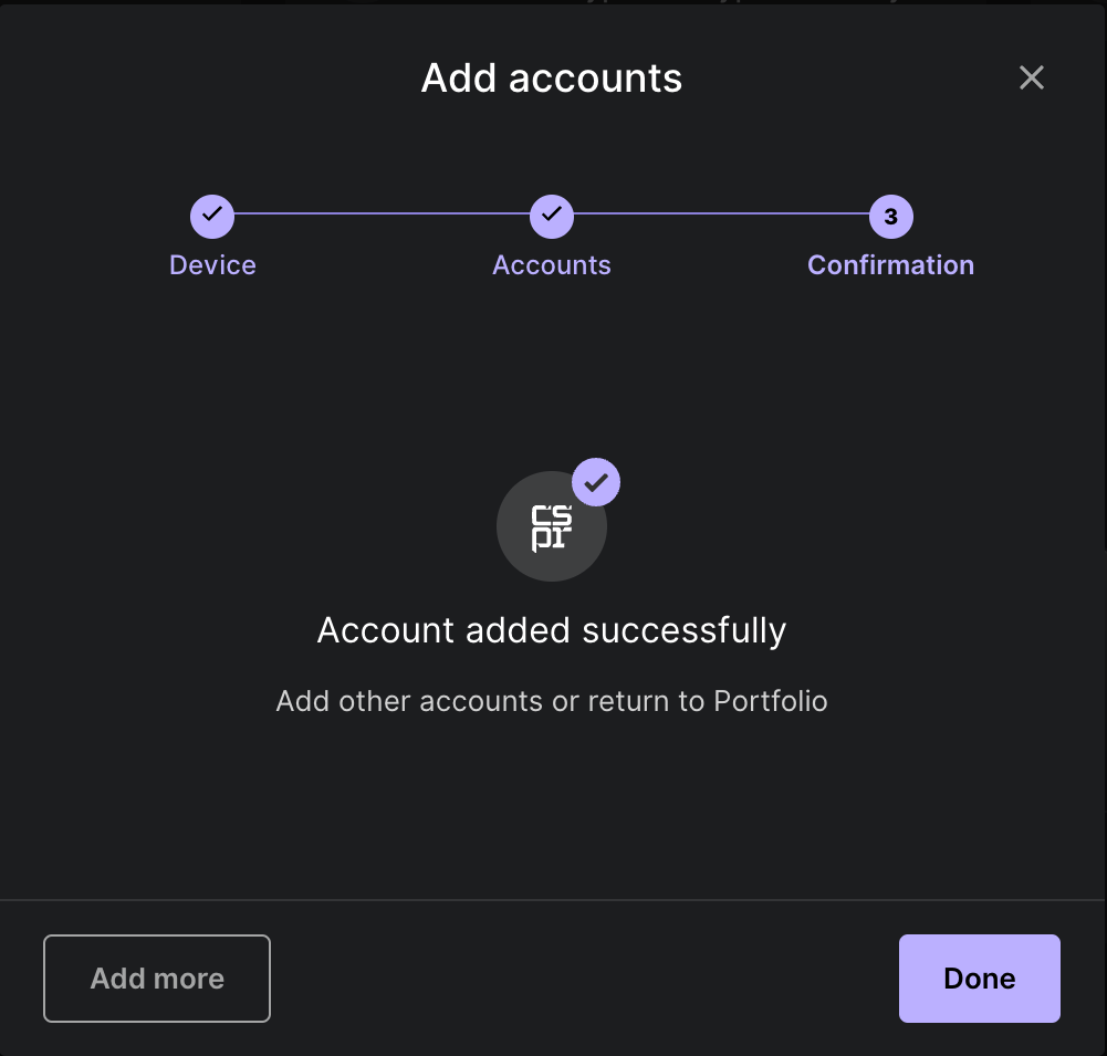Confirmation that the account was added
